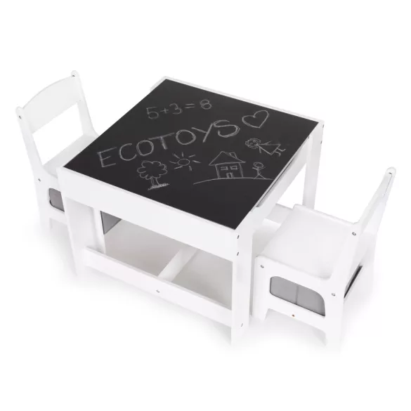 Gyerek szék és asztal szett, ECOTOYS ZCF-01, 1 db asztal + 2 db szék, MDF, kétoldalas asztallap, fiókos székek