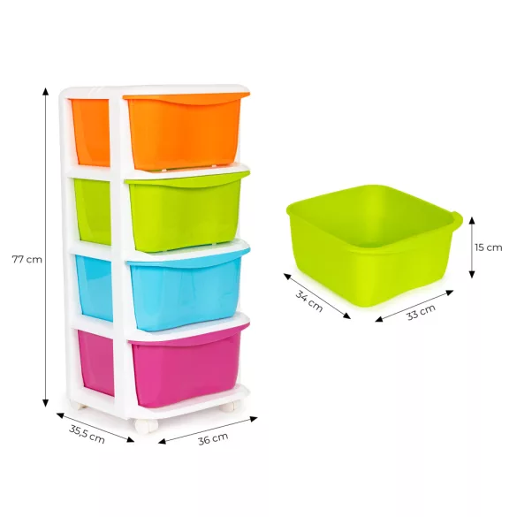 Gurulós tároló, ModernHome PJJCBS0012-04B, 36 x 77 x 35,5 cm, fiókos, 4 fiókkal, kerekes, műanyag