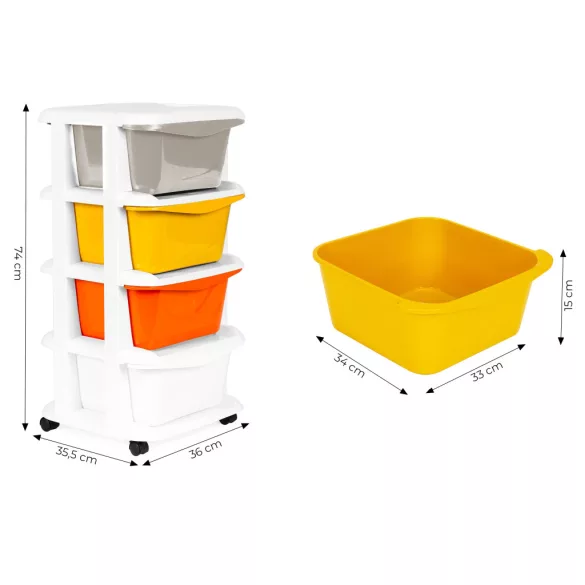 Gurulós tároló, ModernHome PJJCBS0012-04A, 36 x 74 x 35,5 cm, fiókos, 4 fiókkal, kerekes, műanyag