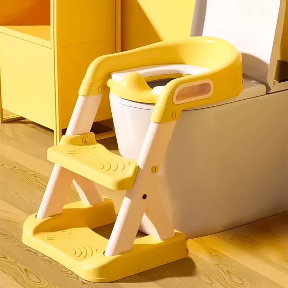 Gyerek WC-ülőke, ECOTOYS HA-P23S, sárga, lépcsővel, puha párnázott betéttel, csúszásgátló, univerzális, 6-36 hónapos korig