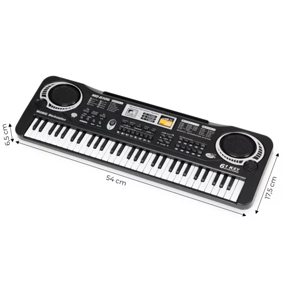 Gyerek szintetizátor, Multistore HC158194, fekete, 54 x 17,5 x 6,5 cm, 61 billentyűs, mikrofonnal, adapterrel és USB-kábellel, felvétel/lejátszás, 2 tanuló mód, 16 hangszín