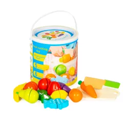   Játék ételkészlet, Multistore HC517244, zöldség-gyümölcs, 13 db, tépőzáras, vödörrel, biztonságos kés és vágódeszka