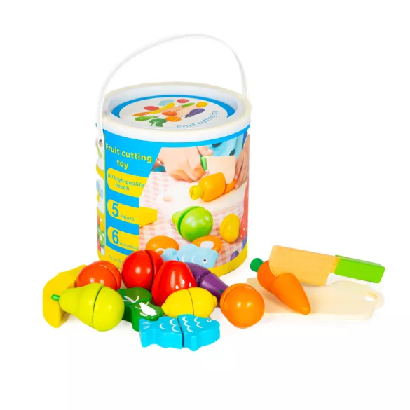 Játék ételkészlet, Multistore HC517244, zöldség-gyümölcs, 13 db, tépőzáras, vödörrel, biztonságos kés és vágódeszka