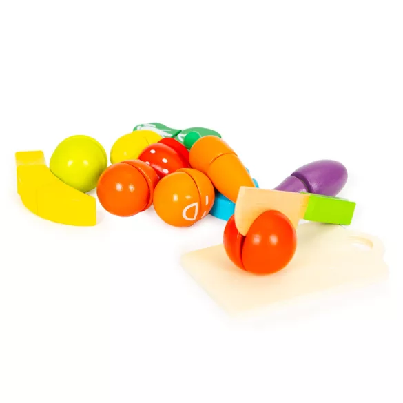 Játék ételkészlet, Multistore HC517244, zöldség-gyümölcs, 13 db, tépőzáras, vödörrel, biztonságos kés és vágódeszka