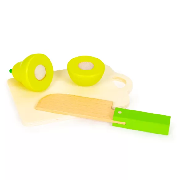 Játék ételkészlet, Multistore HC517244, zöldség-gyümölcs, 13 db, tépőzáras, vödörrel, biztonságos kés és vágódeszka