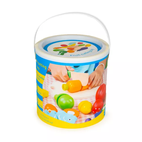 Játék ételkészlet, Multistore HC517244, zöldség-gyümölcs, 13 db, tépőzáras, vödörrel, biztonságos kés és vágódeszka