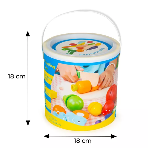 Játék ételkészlet, Multistore HC517244, zöldség-gyümölcs, 13 db, tépőzáras, vödörrel, biztonságos kés és vágódeszka