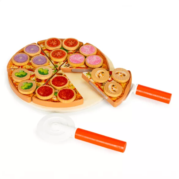 Játék ételkészlet, ECOTOYS TL733030, vágható pizza, tépőzáras, 27 db, 21 x 21 cm, pizzadobozzal, spatulával és kerek pizzavágóval