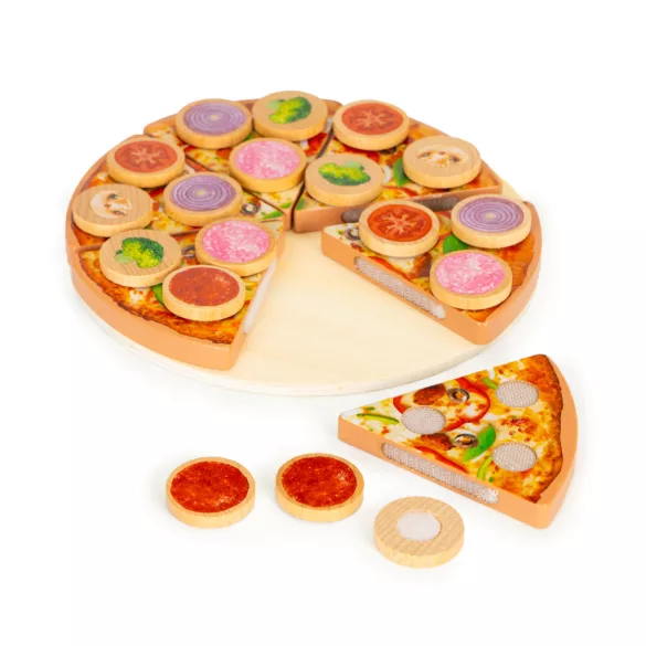 Játék ételkészlet, ECOTOYS TL733030, vágható pizza, tépőzáras, 27 db, 21 x 21 cm, pizzadobozzal, spatulával és kerek pizzavágóval