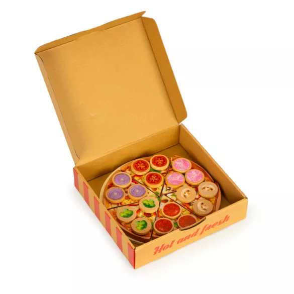 Játék ételkészlet, ECOTOYS TL733030, vágható pizza, tépőzáras, 27 db, 21 x 21 cm, pizzadobozzal, spatulával és kerek pizzavágóval
