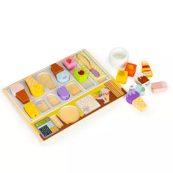 Fagylaltozó játékkészlet, ECOTOYS TL91084, fagylaltozó, 27 db, tábla 29,5 x 21 cm, 18 hónapos kortól