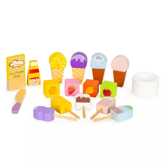 Fagylaltozó játékkészlet, ECOTOYS TL91084, fagylaltozó, 27 db, tábla 29,5 x 21 cm, 18 hónapos kortól