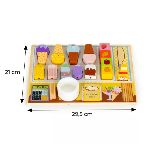 Fagylaltozó játékkészlet, ECOTOYS TL91084, fagylaltozó, 27 db, tábla 29,5 x 21 cm, 18 hónapos kortól