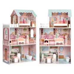   Fa babaház, ECOTOYS D8112, 61 x 30 x 106 cm, 3 szint, 5 szoba, 9 db bútor, Barbie-típusú babákhoz, 3 éves kortól