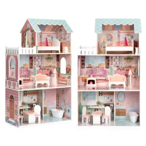 Fa babaház, ECOTOYS D8112, 61 x 30 x 106 cm, 3 szint, 5 szoba, 9 db bútor, Barbie-típusú babákhoz, 3 éves kortól