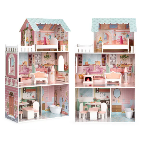 Fa babaház, ECOTOYS D8112, 61 x 30 x 106 cm, 3 szint, 5 szoba, 9 db bútor, Barbie-típusú babákhoz, 3 éves kortól