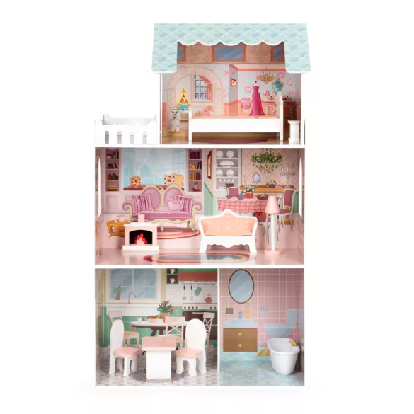 Fa babaház, ECOTOYS D8112, 61 x 30 x 106 cm, 3 szint, 5 szoba, 9 db bútor, Barbie-típusú babákhoz, 3 éves kortól