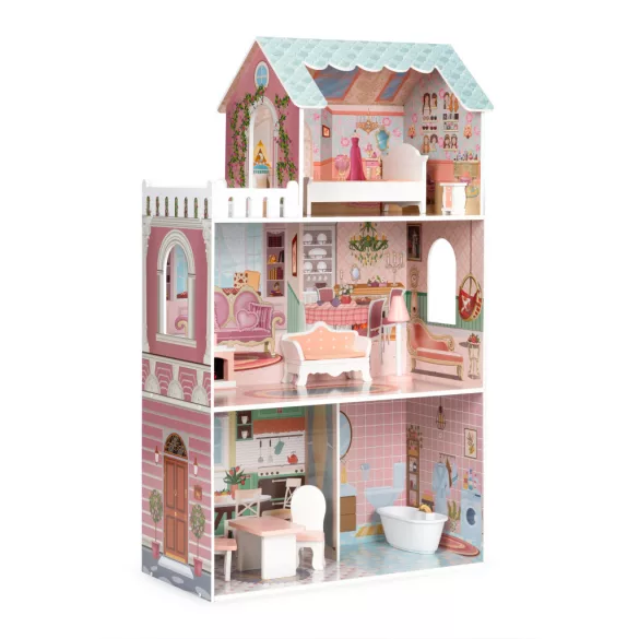 Fa babaház, ECOTOYS D8112, 61 x 30 x 106 cm, 3 szint, 5 szoba, 9 db bútor, Barbie-típusú babákhoz, 3 éves kortól