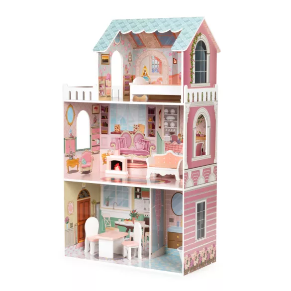 Fa babaház, ECOTOYS D8112, 61 x 30 x 106 cm, 3 szint, 5 szoba, 9 db bútor, Barbie-típusú babákhoz, 3 éves kortól
