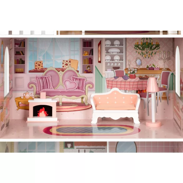 Fa babaház, ECOTOYS D8112, 61 x 30 x 106 cm, 3 szint, 5 szoba, 9 db bútor, Barbie-típusú babákhoz, 3 éves kortól