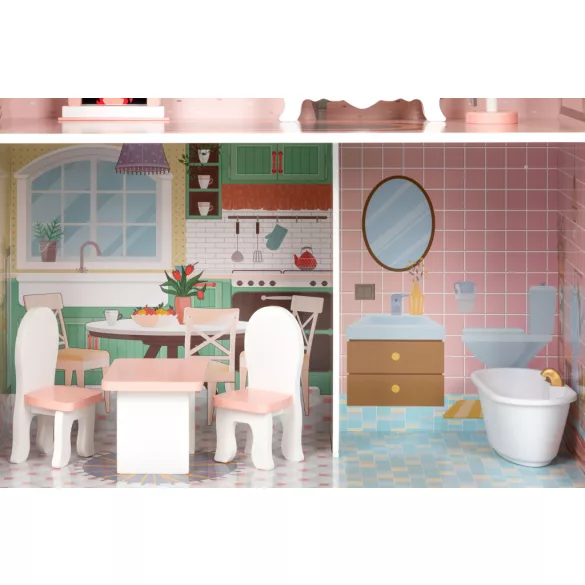 Fa babaház, ECOTOYS D8112, 61 x 30 x 106 cm, 3 szint, 5 szoba, 9 db bútor, Barbie-típusú babákhoz, 3 éves kortól