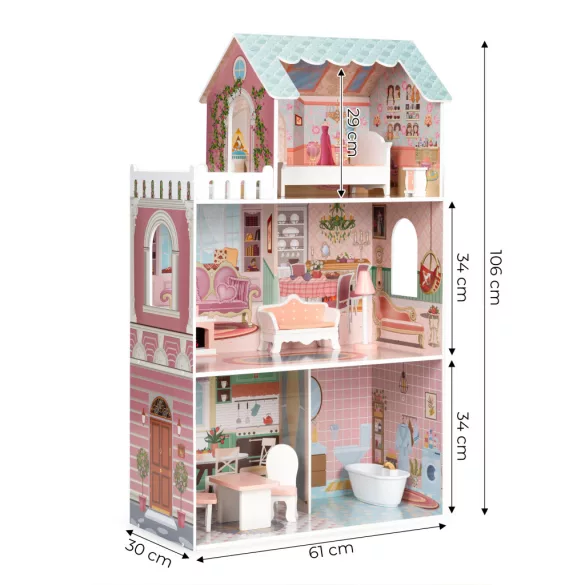 Fa babaház, ECOTOYS D8112, 61 x 30 x 106 cm, 3 szint, 5 szoba, 9 db bútor, Barbie-típusú babákhoz, 3 éves kortól