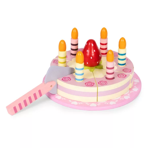 Játék születésnapi készlet, ECOTOYS TL10032, tépőzáras gyertyákkal, epres dísszel, 15 db, szeletelhető, tányérral és tortalapáttal