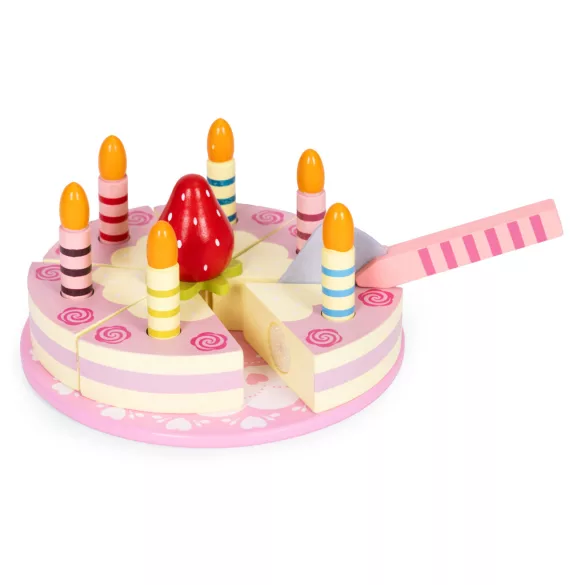 Játék születésnapi készlet, ECOTOYS TL10032, tépőzáras gyertyákkal, epres dísszel, 15 db, szeletelhető, tányérral és tortalapáttal