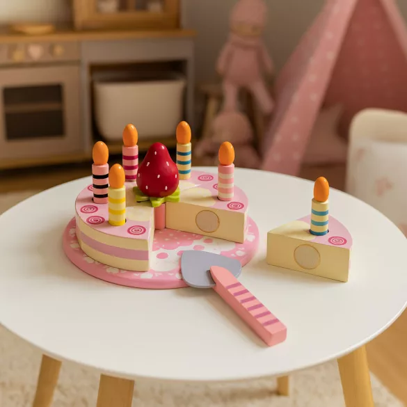 Játék születésnapi készlet, ECOTOYS TL10032, tépőzáras gyertyákkal, epres dísszel, 15 db, szeletelhető, tányérral és tortalapáttal