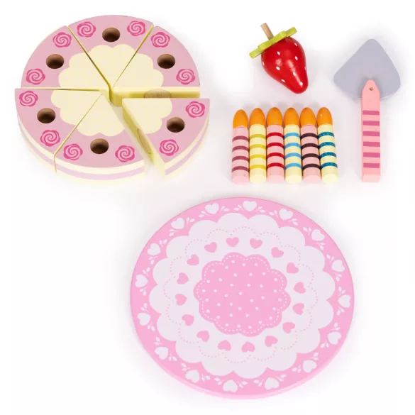 Játék születésnapi készlet, ECOTOYS TL10032, tépőzáras gyertyákkal, epres dísszel, 15 db, szeletelhető, tányérral és tortalapáttal