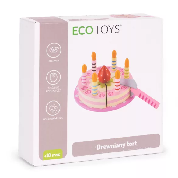Játék születésnapi készlet, ECOTOYS TL10032, tépőzáras gyertyákkal, epres dísszel, 15 db, szeletelhető, tányérral és tortalapáttal