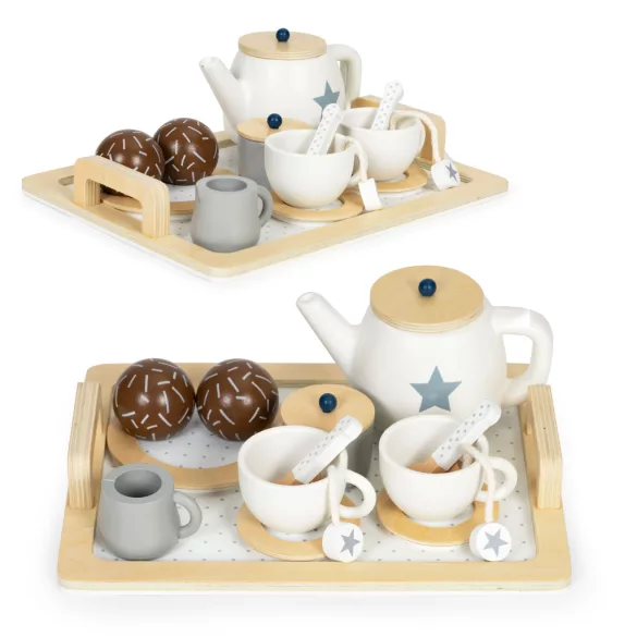 Játék teáskészlet, ECOTOYS W10B318B, 17 db, tálcával, csészékkel és kancsóval, 3 éves kortól