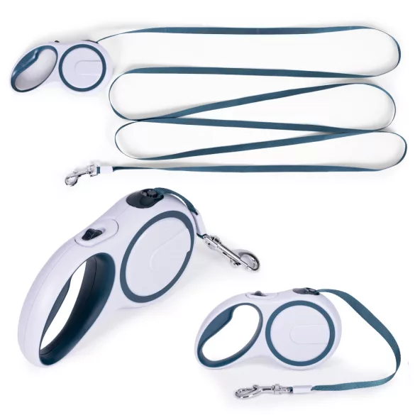 Automata póráz, Petsi TR-1036 BW, kutyáknak és macskáknak, 3 m, zárral, ergonomikus markolattal, 360°-ban forgó acél karabinerrel