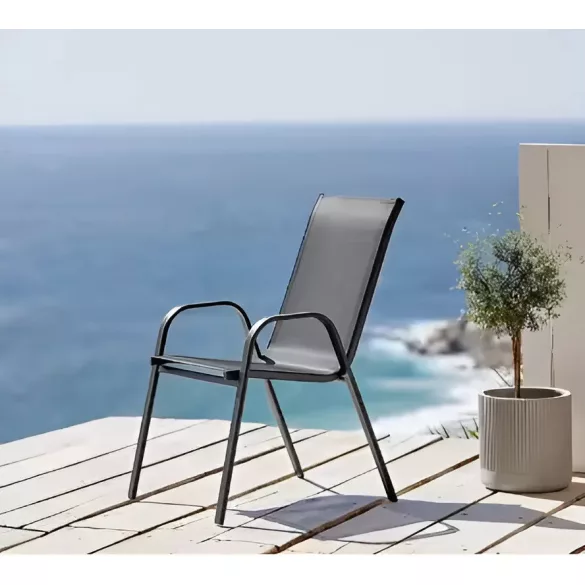 Kerti szék, MultiGarden SC-092KD, szürke, 72 x 55 x 90,5 cm, acél keret, textil, egymásra rakható, karfás, csúszásgátló lábak, 120 kg teherbírás, 2 db-os szett