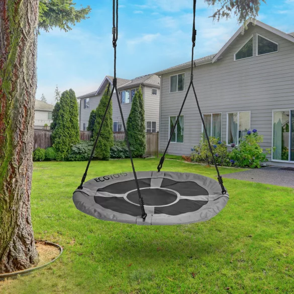 Fészekhinta, ECOTOYS BOC100, szürke, átmérő: 100 cm, vízálló, állítható kötélmagasság: 140-190 cm, acél váz, poliészter, teherbírás: 150 kg