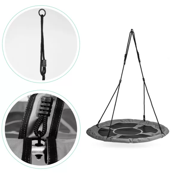 Fészekhinta, ECOTOYS BOC100, szürke, átmérő: 100 cm, vízálló, állítható kötélmagasság: 140-190 cm, acél váz, poliészter, teherbírás: 150 kg