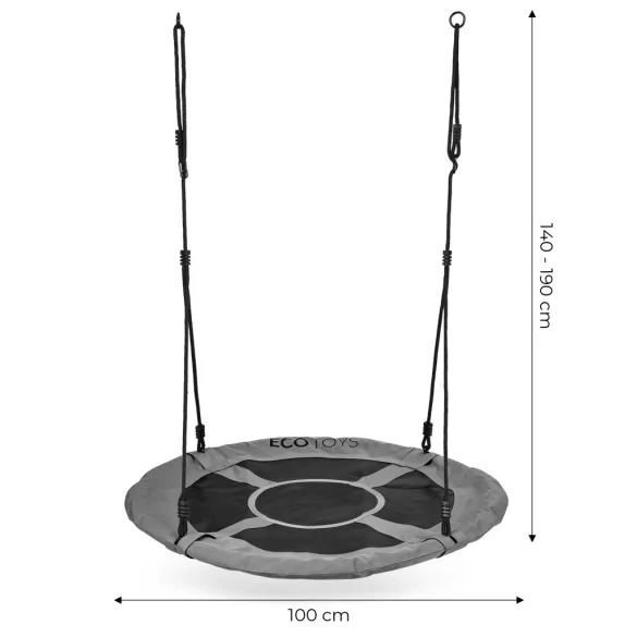 Fészekhinta, ECOTOYS BOC100, szürke, átmérő: 100 cm, vízálló, állítható kötélmagasság: 140-190 cm, acél váz, poliészter, teherbírás: 150 kg