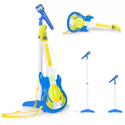   Gyerek gitár, Multistore HC342076, kék, 57 x 22 cm, mikrofonnal, állítható állvánnyal 57–97 cm, MP3 csatlakozás, elemes (2 × AA, nem tartozék), 3 éves kortól ajánlott