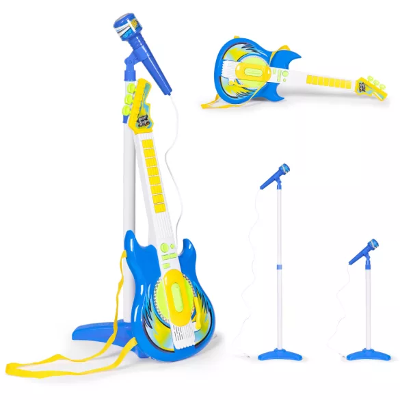 Gyerek gitár, Multistore HC342076, kék, 57 x 22 cm, mikrofonnal, állítható állvánnyal 57–97 cm, MP3 csatlakozás, elemes (2 × AA, nem tartozék), 3 éves kortól ajánlott