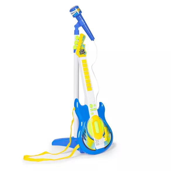 Gyerek gitár, Multistore HC342076, kék, 57 x 22 cm, mikrofonnal, állítható állvánnyal 57–97 cm, MP3 csatlakozás, elemes (2 × AA, nem tartozék), 3 éves kortól ajánlott