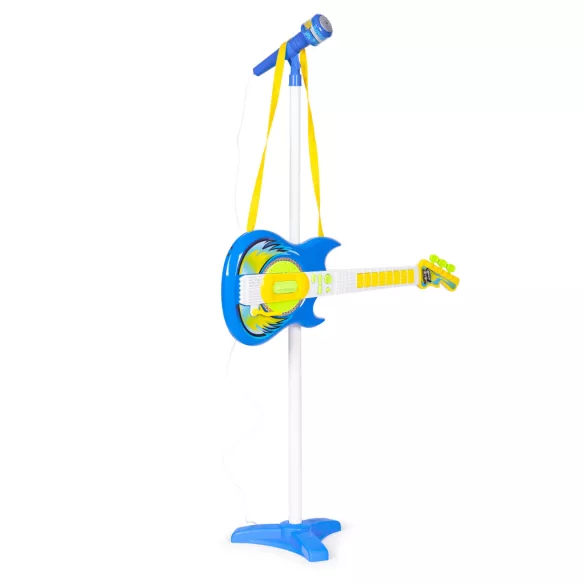 Gyerek gitár, Multistore HC342076, kék, 57 x 22 cm, mikrofonnal, állítható állvánnyal 57–97 cm, MP3 csatlakozás, elemes (2 × AA, nem tartozék), 3 éves kortól ajánlott