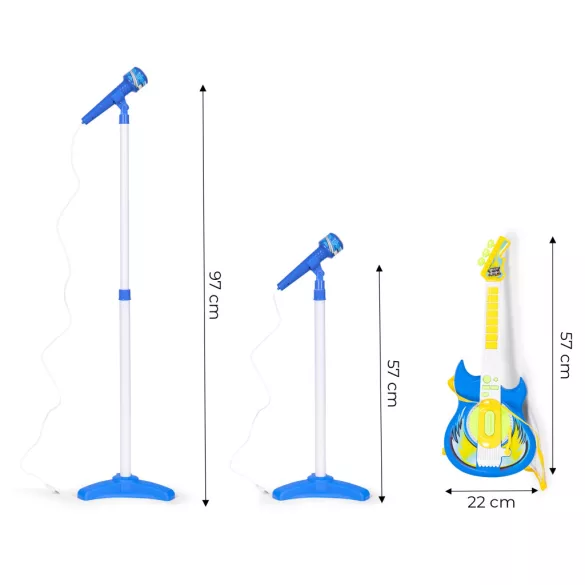 Gyerek gitár, Multistore HC342076, kék, 57 x 22 cm, mikrofonnal, állítható állvánnyal 57–97 cm, MP3 csatlakozás, elemes (2 × AA, nem tartozék), 3 éves kortól ajánlott