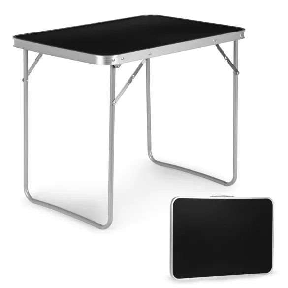 Kerti asztal, MultiGarden GMFC-FY8060, fekete, 80 x 60 cm, összecsukható, magasság: 70 cm, bőrönddé hajtható, hordfogantyúval, teherbírás: 30 kg