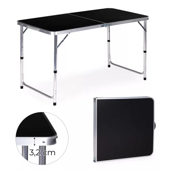 Kerti asztal, MultiGarden GMFC-FY12060, fekete, 120 x 60 cm, összecsukható, állítható magasság (60–70 cm), hordfogantyúval, teherbírás: 50 kg