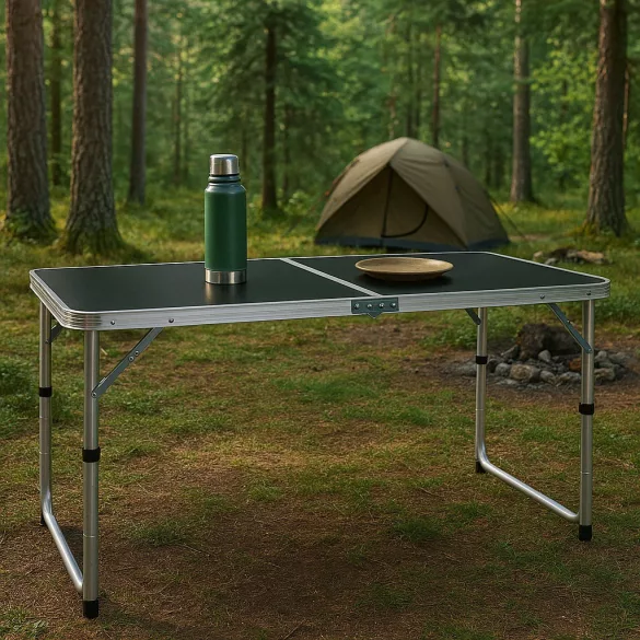 Kerti asztal, MultiGarden GMFC-FY12060, fekete, 120 x 60 cm, összecsukható, állítható magasság (60–70 cm), hordfogantyúval, teherbírás: 50 kg
