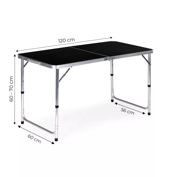 Kerti asztal, MultiGarden GMFC-FY12060, fekete, 120 x 60 cm, összecsukható, állítható magasság (60–70 cm), hordfogantyúval, teherbírás: 50 kg