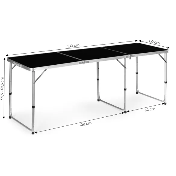 Kerti asztal, MultiGarden GB030-180, fekete, 180 x 60 cm, összecsukható, állítható magasság (60–70 cm), hordfogantyúval, teherbírás: 50 kg