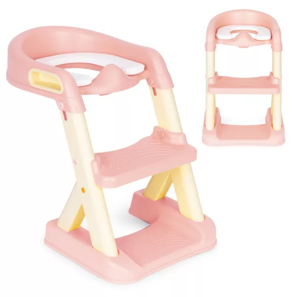 Gyerek WC-ülőke, ECOTOYS HA-P23S, rózsaszín, lépcsővel, puha párnázott betéttel, csúszásgátló, univerzális, 6-36 hónapos korig