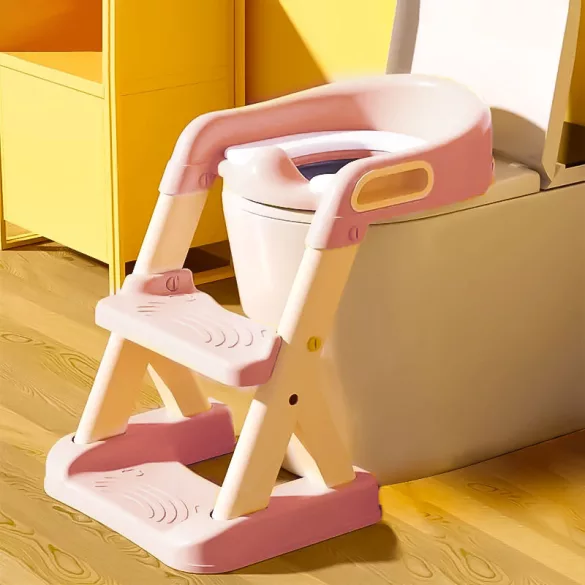 Gyerek WC-ülőke, ECOTOYS HA-P23S, rózsaszín, lépcsővel, puha párnázott betéttel, csúszásgátló, univerzális, 6-36 hónapos korig