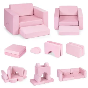 Gyerek moduláris fotel, ECOTOYS TMSRT-13, rózsaszín, 8 modul, levehető és mosható huzat, habszivacs, átalakítható kanapévá, puffá, matraccá, teherbírás: 120 kg